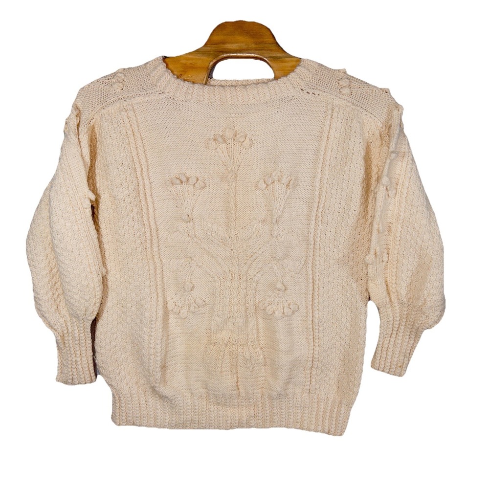 Hand Made Aran‎ Wool 3D Cable Knit Sweater Womens XL Floral Tree Of Life